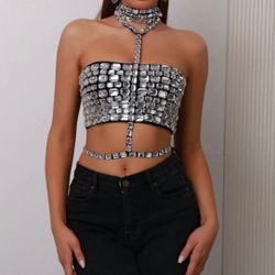 Sexy Noblewoman Handmade Rhinestone Patchwork Bandage Halter Top