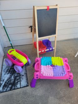 Mega blocks, table, wagon scooper,  double sided easel