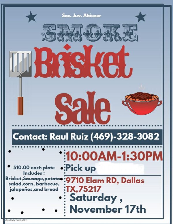 Smoked Brisket Plates (church fundraiser) Saturday 11/17 for Sale in