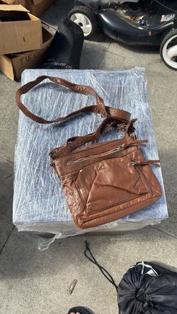 BUENO multi-zippered pocket crossbody purse in a soft brown faux leather finish