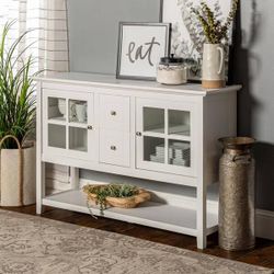 Walker Edison 52” White Wood Glass Buffet Sideboard Storage Cabinet