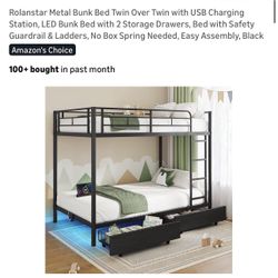 Metal Bunk Bed Twin Over Twin with USB Charging Station, LED Bunk Bed with 2 Storage Drawers