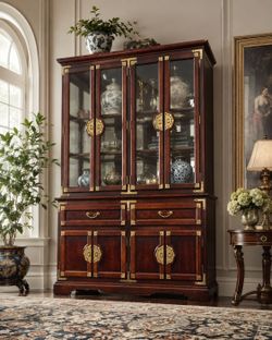 Amazing  Vintage Hollywood Regency Chinoiserie Timeless Elegance Mahogany Display Cabinet | 82"H