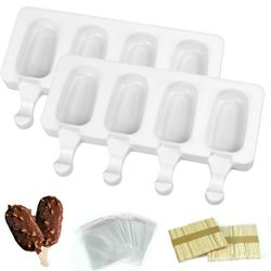 2 Pack Cakesicles Silicone Mold, EAONE Large Size Ice Pop Popsicle Mold DIY Chocolate Food Grade Heat Resistant Oval with 100 Wood Craft Sticks, 100 P