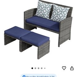 OC Orange-Casual Patio Furniture Set,3 Pieces Outdoor Wicker Conversation Loveseat with Ottomans for Porch, Gray Rattan Navy Blue Cushions