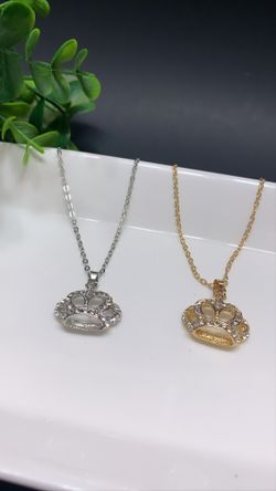 Crown Choker Crystal Pendant Necklace Elegant Jewelry, 2-Set (Silver and Gold)