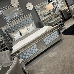 Only Available In Size Queen $720 EKing Cal King $820 Firm Price Financing Available Brand New In Box Grey Velvet Faux Crystal Tufting Mirrored Accent