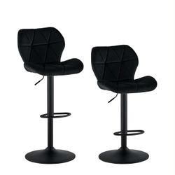 Velvet Bar Stools Set of 2, Counter Height Barstools with Large Base, Adjustable Swivel Upholstered Bar Chairs with Back & Footrest (Black) 