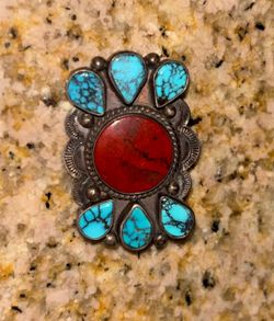 Native American Silver Turquoise & Coral Brooch