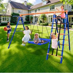 5-in-1 Heavy-Duty Metal Swing Set for Backyard - 500lb Capacity Outdoor Playset with Basketball Hoop & Climbing Rope