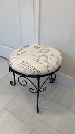 Round Ottoman Stool with French Script Fabric