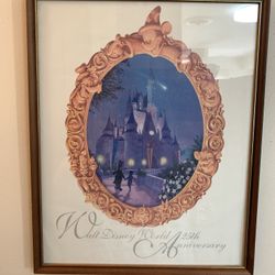Walt Disney World 25th Anniversary Poster Print  including 16”x20” wood frame with glass