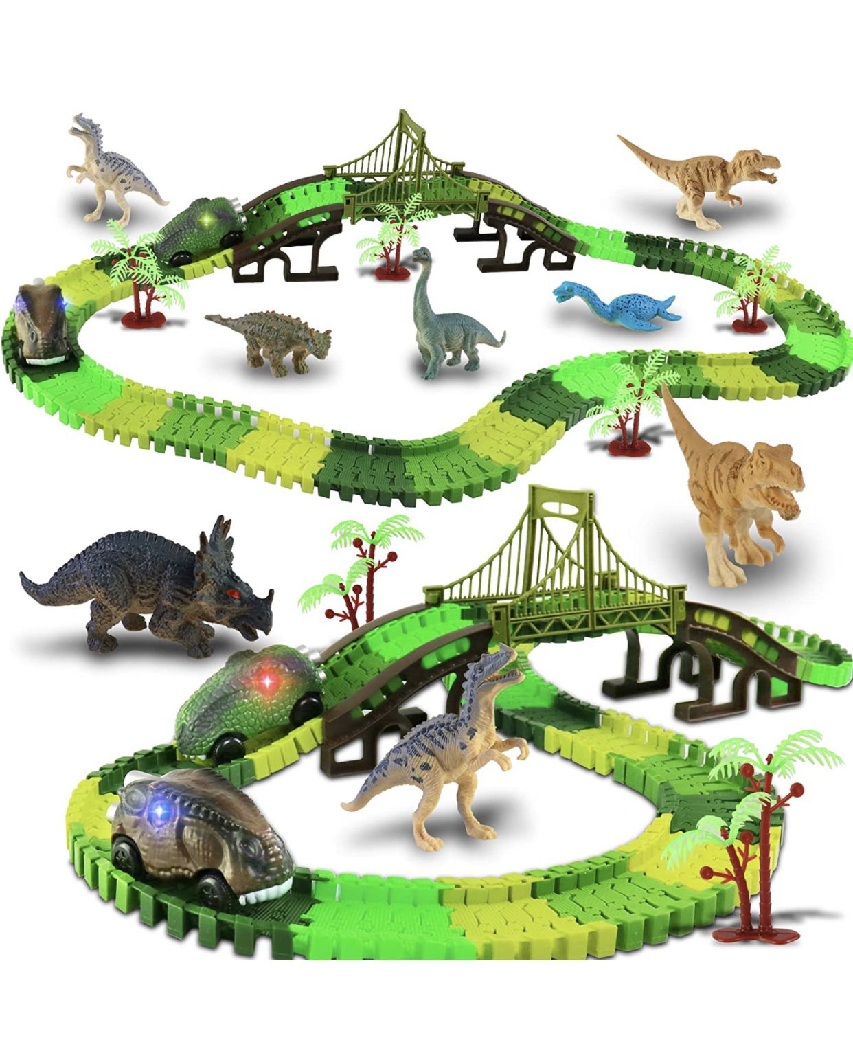 AvoKlan Dinosaur Toys for Kids, 163 Pieces Flexible Dinosaur Track Playset with 6 Dinosaurs and 2 LED Dinosaur Cars, Dino Race Tracks for 3 4 5 6 7 8 
