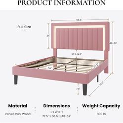 Full Size Velvet Bed Frame with LED Light, Pink Adjustable Vertical Channel Tufted Headboard, Strong Wooden Slats Support, Noise-Free, No Box Spring N