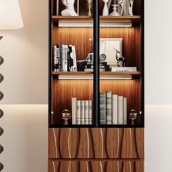 63'' Tall Mid Century Modern Lighted Glass Display Cabinet with Two Drawers, Walnut Finish Brown Dining China Hutch with 3 Tiers Storage Shelves, Wood