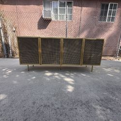 CB2 Trace Brass Wire Mesh Media Console Entertainment Center Tv Stand Cabinet Sideboard Credenza Buffet.