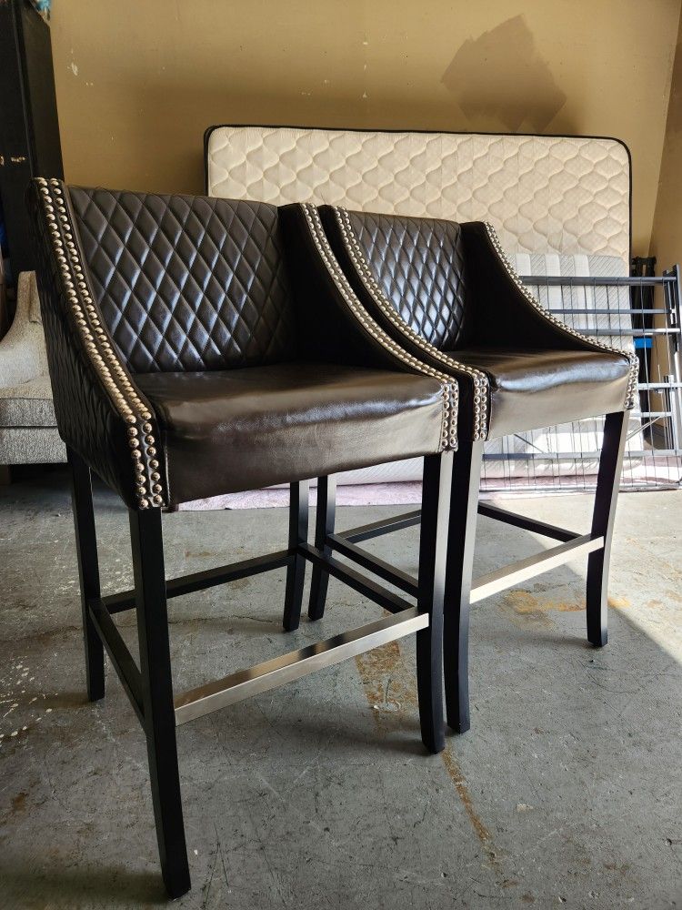 Set of 2 Modern Quilted Leather 27" STOOLS-Excellent Condition!