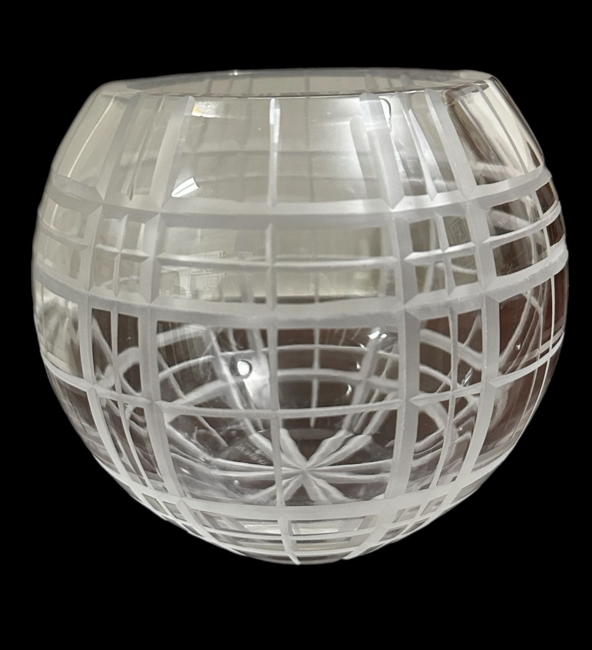 MCM Deep Cut Crystal Rose Bowl Ball Vase 6" Etched Bombay makers mark