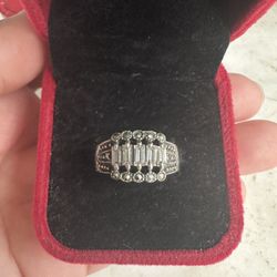 925 Sterling Silver Emerald Cut Cz And Marcacite Ring , Size 8 , Marked 925 AFA, 