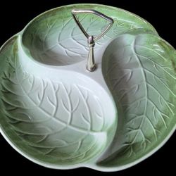 Vintage Royal Haeger Cabbage Leaf Tray: Green Ceramic Divided Serving Dish