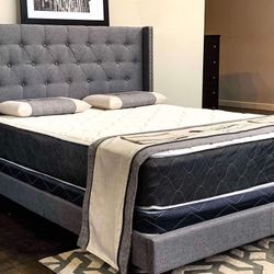 Brand New King Size Grey Button Tuffed Bed Frame With New Mattress/Fast Delivery