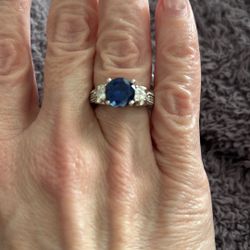 Round Simulated Blue Sapphire Cubic Zirconia Accent 925 Sterling Silver Wedding Engagement Ring