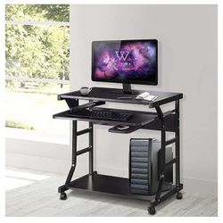 Computer Desk Cart Home Office Desk, Mobile Laptop Table Workstation Writing Desk Study Desk with Keyboard Tray, Printer Shelf on Wheels, Brown