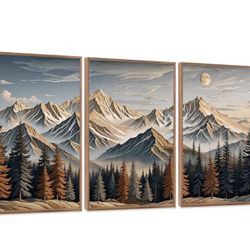 Vintage Landscape Wall Art,Large Wood Wall Art,Carved Wood Wall Decor Set of 3(16”X24”)