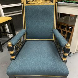 Antique Blue Green Gold Accent Arm Chair 