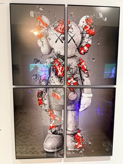 4 piece modern Kaws LV art picture poster print with borderless glass frames