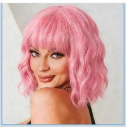 Pastel Pink Wavy Bob Wig with Bangs, Short Shoulder Length Wig