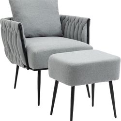 Brand New Modern Velvet Upholstered Armchair with Ottoman Set