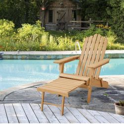 Folding Adirondack Chair with Retractable Ottoman 300lb Solid Wood Garden Chair, Fire Pit Lounge Chairs Weather Resistant Furniture for Garden/Yard/Pa