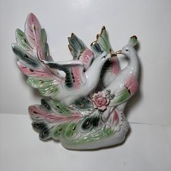Vintage Porcelain Peacock Figurine Pair Floral Accent Pastel Colors