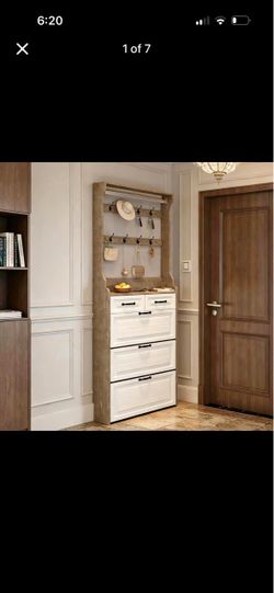 White Entryway Shoe Cabinet with Hooks and Drawers