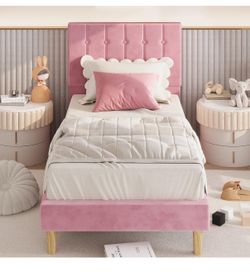 LIKIMIO Twin Bed Frames, Velvet Upholstered Platform Bed Frame with Headboard, Pink