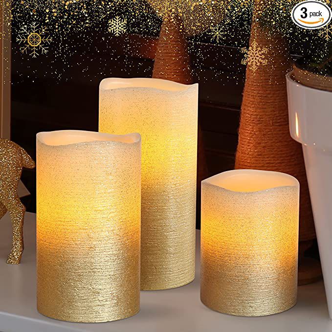 LIGHTING Christmas Decor Gold Ombre LED Candles Battery Operated 3 Pack, Glittery Flameless Pillar Candles with 5/19 Timer, Home Decor, Wedding Decora