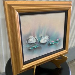 Vintage framed oil impasto “Lily pads & swans” painting by Eve Turner