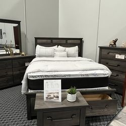 Queen bed frame with storage dresser and mirror $1,150