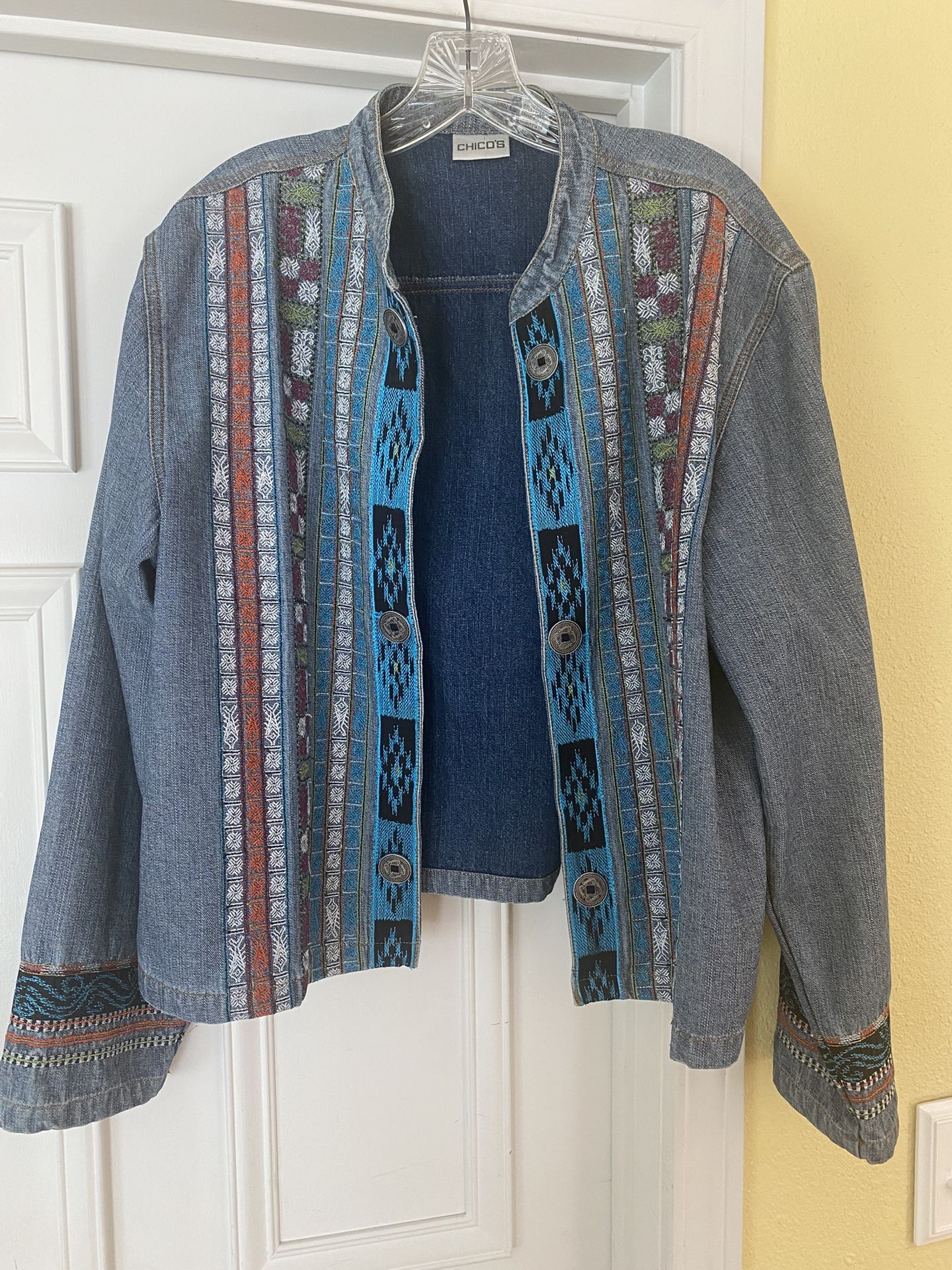 Chicos 3 Denim Open Front Jacket Embroidered Southwest Design Chicos Size XL/16.