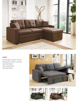 Bllack,grey,brown sectional w/ chaise storage & pull out bed in linen fabric