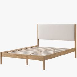 Ardin Solid Wood Bed Frame With Cream Boucle Upholstered Headboard- QUEEN