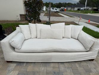 Large Cream Linen Sofa with Throw Pillows