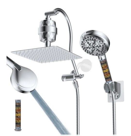 Hibbent All Metal - Cabezal de ducha de 10 pulgadas con doble filtro, cabezal de ducha de mano de alta presión con brazo de extensión curvado ajustabl