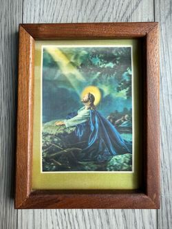 Vintage 3D Lenticular Jesus Praying Garden Of Gethsemane With Wooden Frame