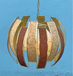 Mid century brass and cork orb swag lamp