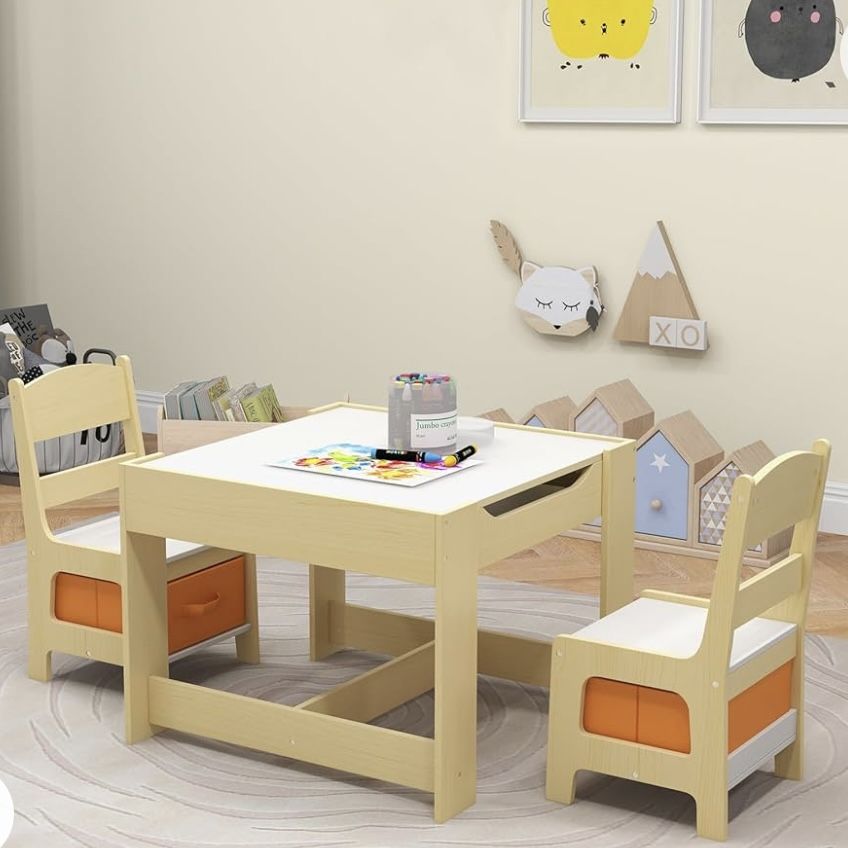 Montessori table and 2*chairs with storage
