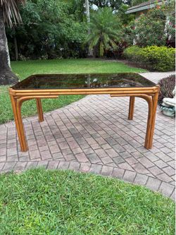 Vintage McGuire style rattan smoked glass dining table 60x36