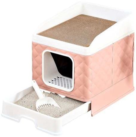 Foldable Cat Litter Box with Lid and Top Removable Cat Scratch Board, Enclosed Cat Potty, X-Large Anti-Splashing Cat Toilet, Easy to Clean,Pink New - 