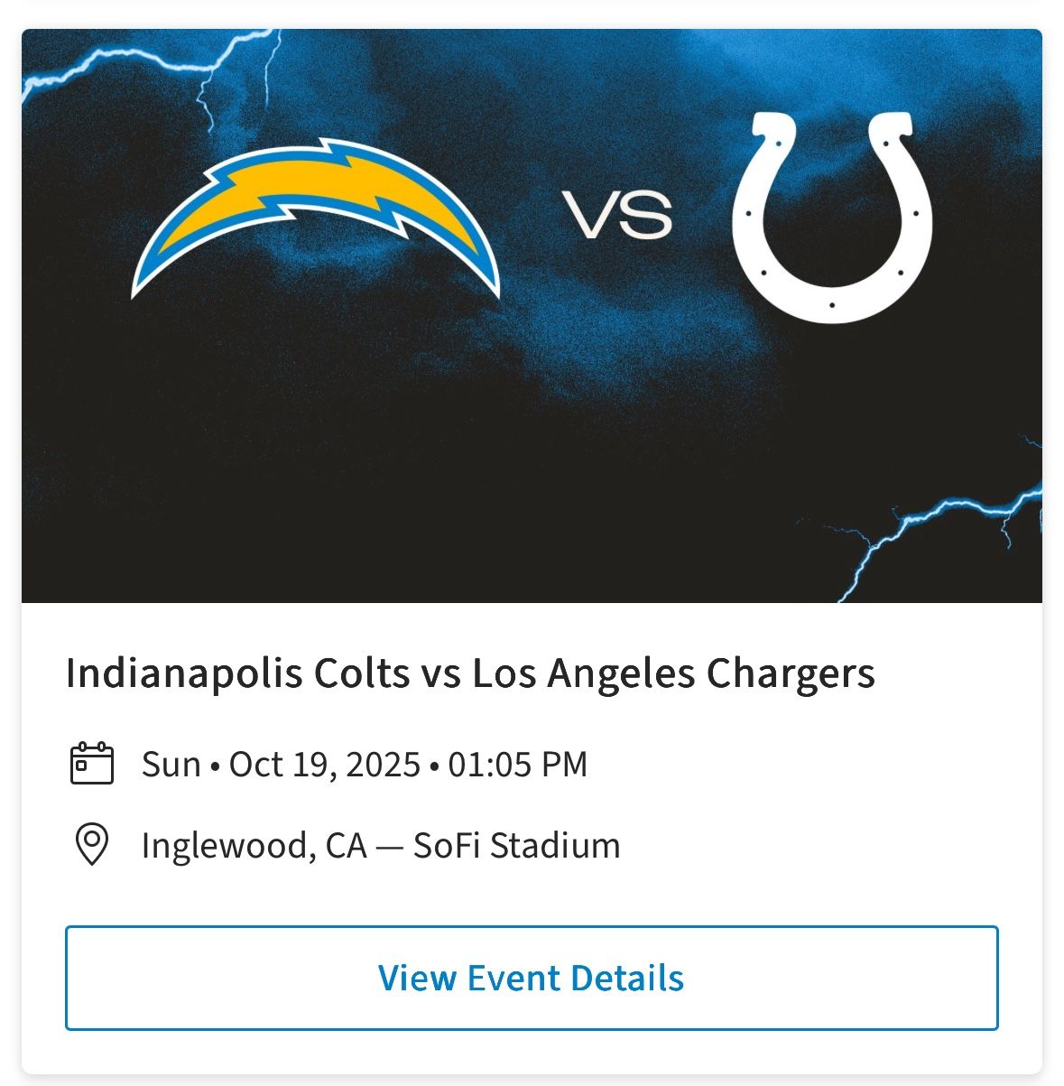 β‘ Chargers vs. Colts Tickets, Section C117, Row 5